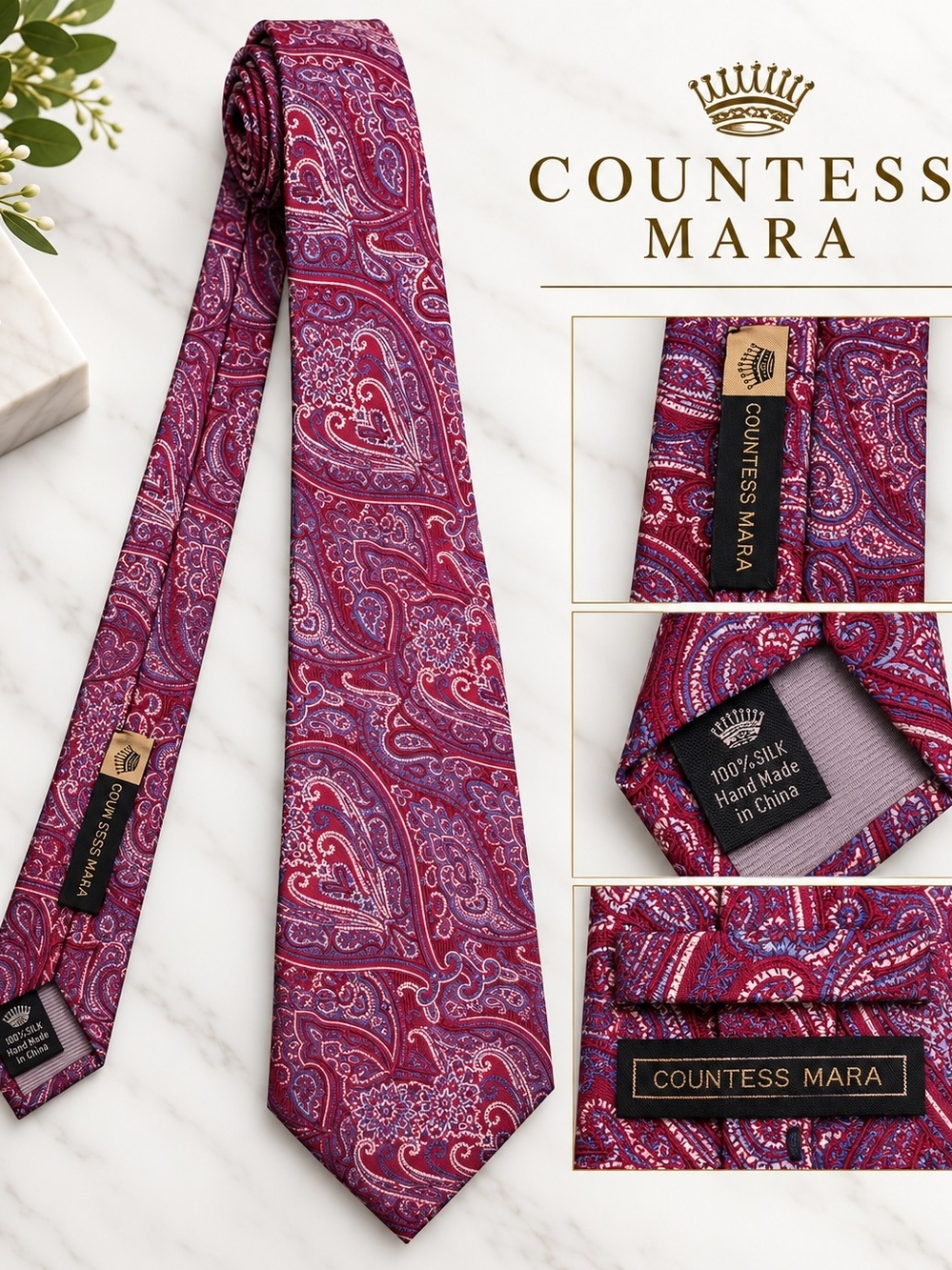 Countess Mara Men's 100% Silk Burgundy Paisley Necktie Hand Made